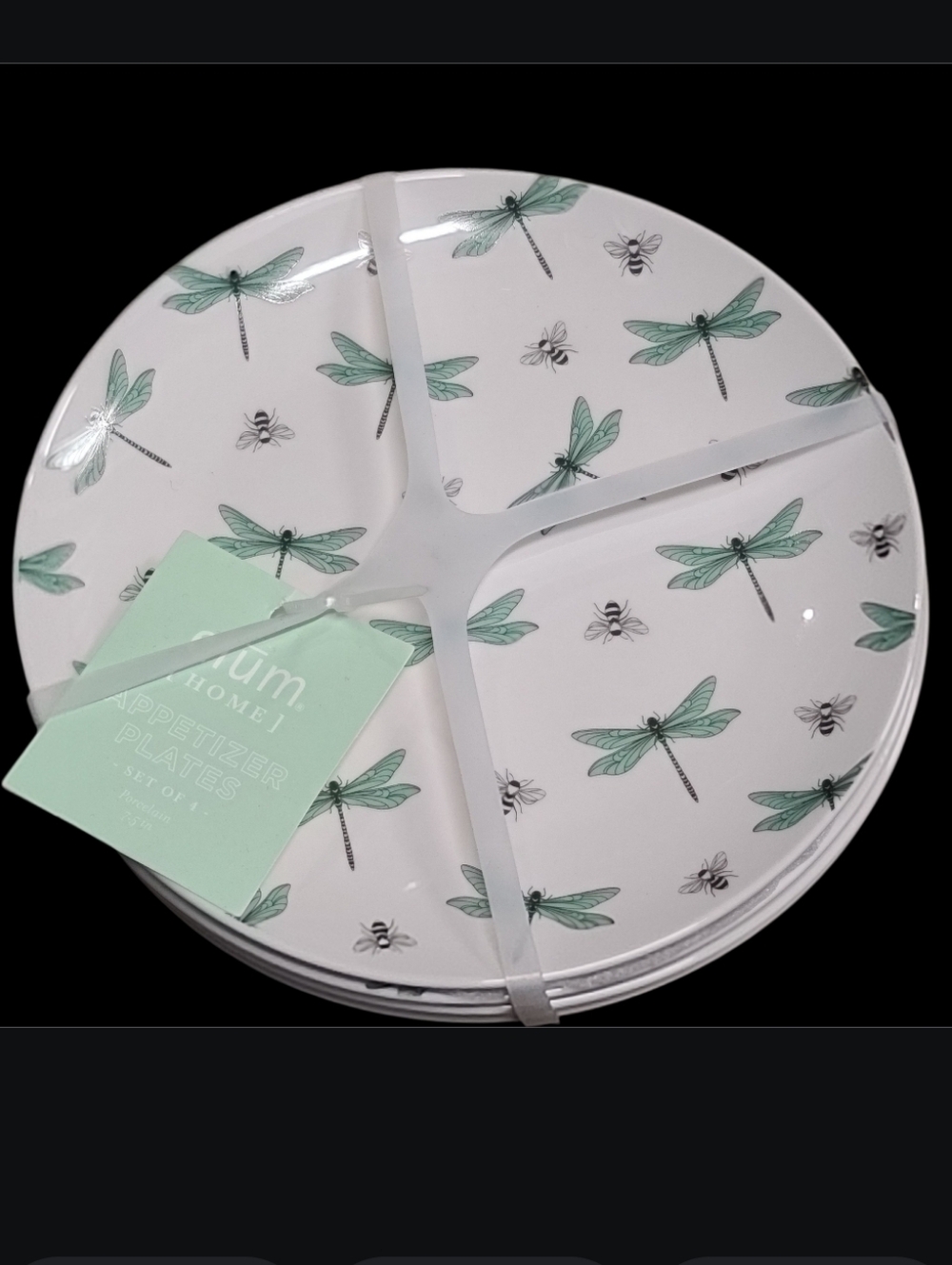 4pc Elum Home 7.5" Porcelain Dragonfly Bee Appetizer/ Lunch / Dessert Plate Set